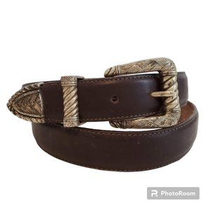 Vtg Onyx By Brighton Mens 34 Dark Brown Leather Belt Silver Western Rope Twist